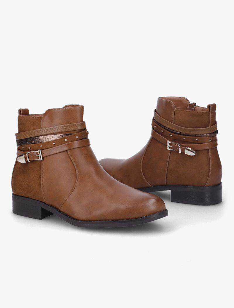 Bottines plates en simili et suédine - Camel - 5