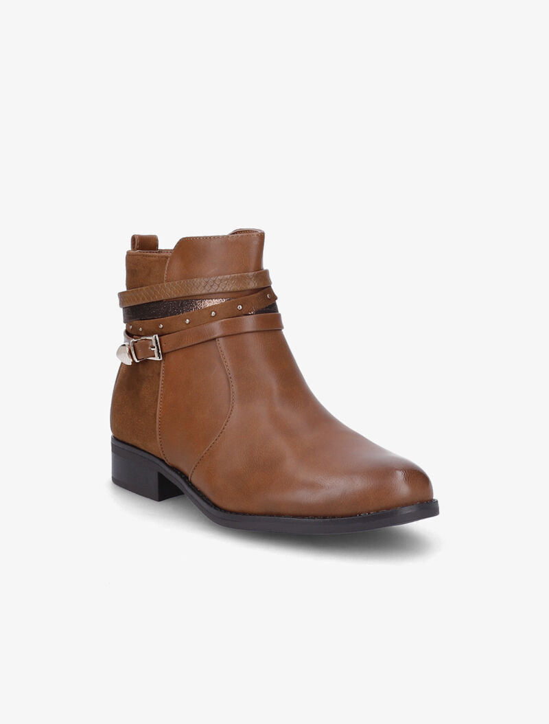 Bottines plates en simili et suédine - Camel - 3