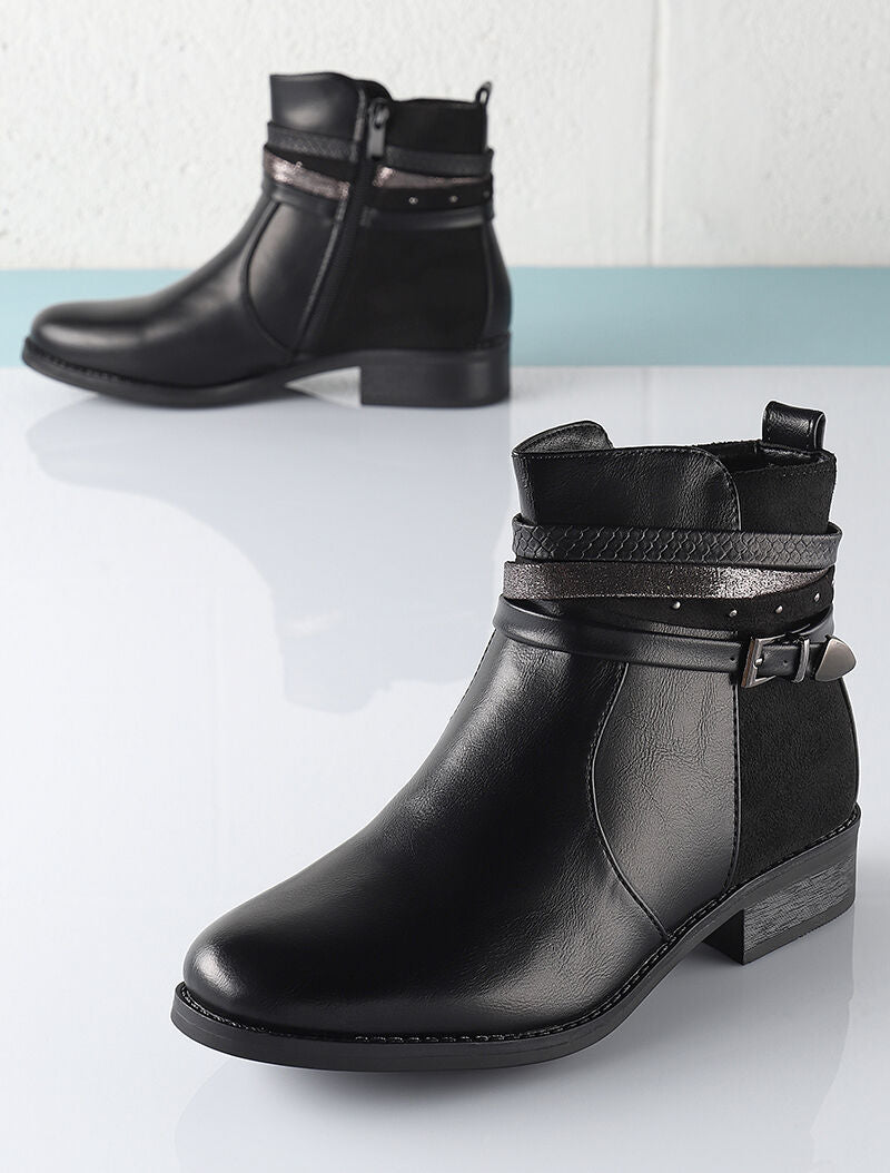 Bottines plates en simili et suédine - Noir - 4