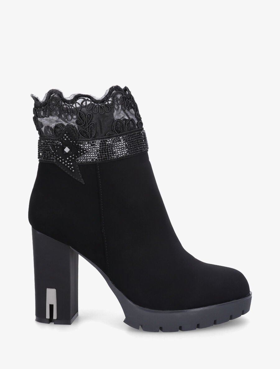 Bottines en suédine à détail strass et dentelle - Noir - 1
