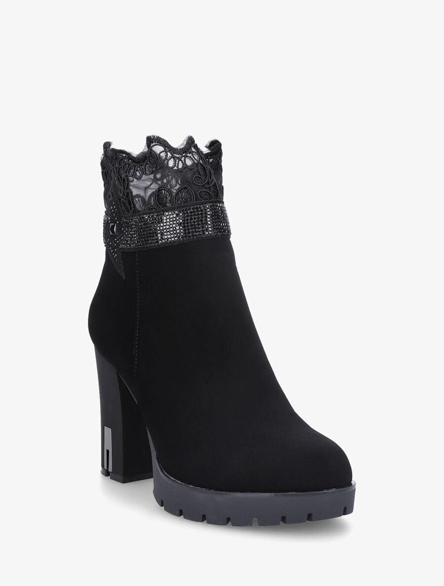 Bottines en suédine à détail strass et dentelle - Noir - 2