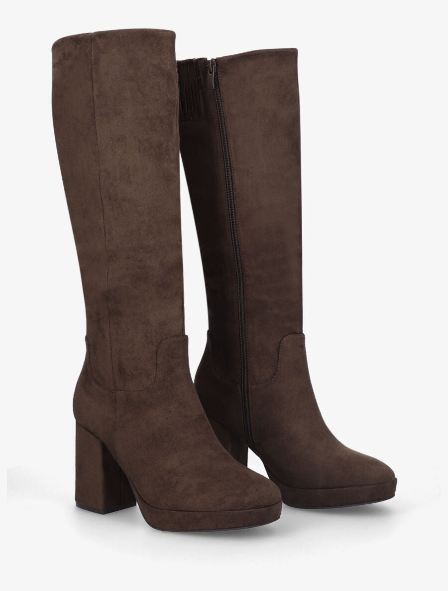 Bottes à talon et plateforme en suédine - Marron - 4