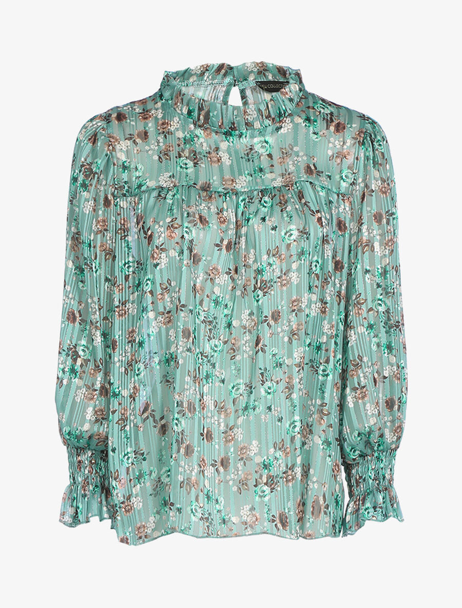 Blouse fleurie à encolure volantée - Vert - 1