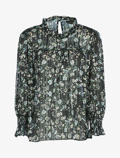 Blouse fleurie à encolure volantée - Noir - 1