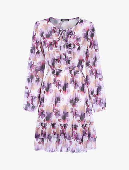 Robe fleurie à volants - Blanc/violet - 1