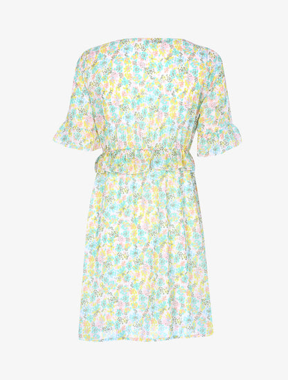 Robe fleurie à taille volantée - Écru - 2