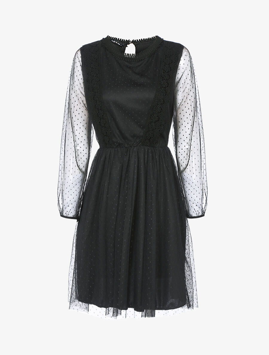 Robe patineuse en tulle et crochet - Noir - 1