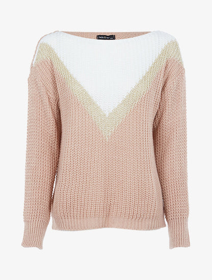 Pull en grosse maille à V doré - Vieux rose - 1