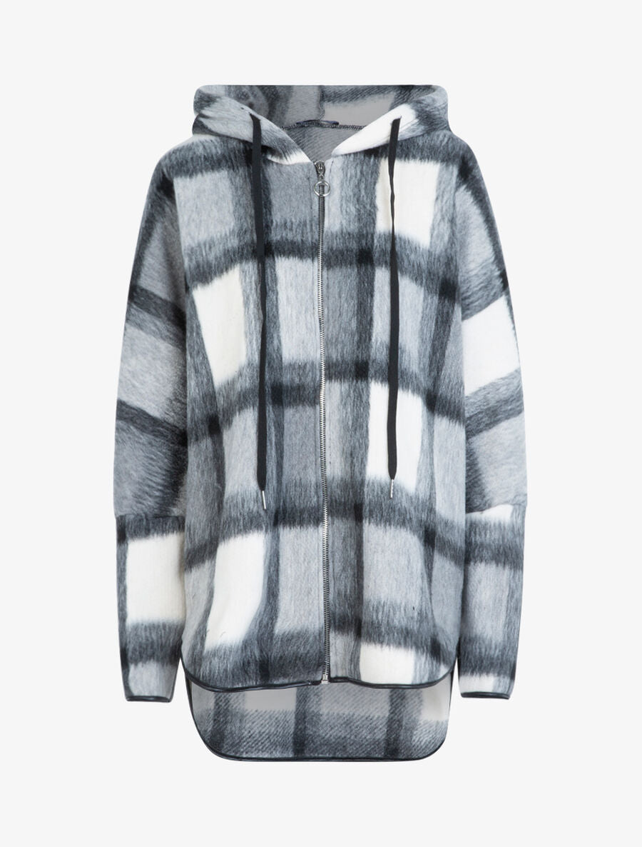 Manteau imprimé tartan à capuche - Gris foncé - 1