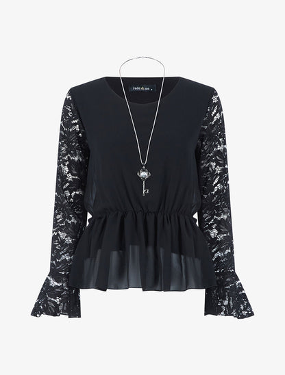 Blouse cintrée à manches dentelle - Noir - 1