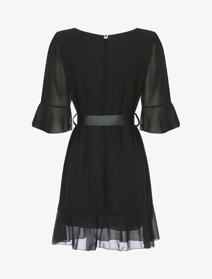 Robe volantée à ceinture contrastante - Noir - 2