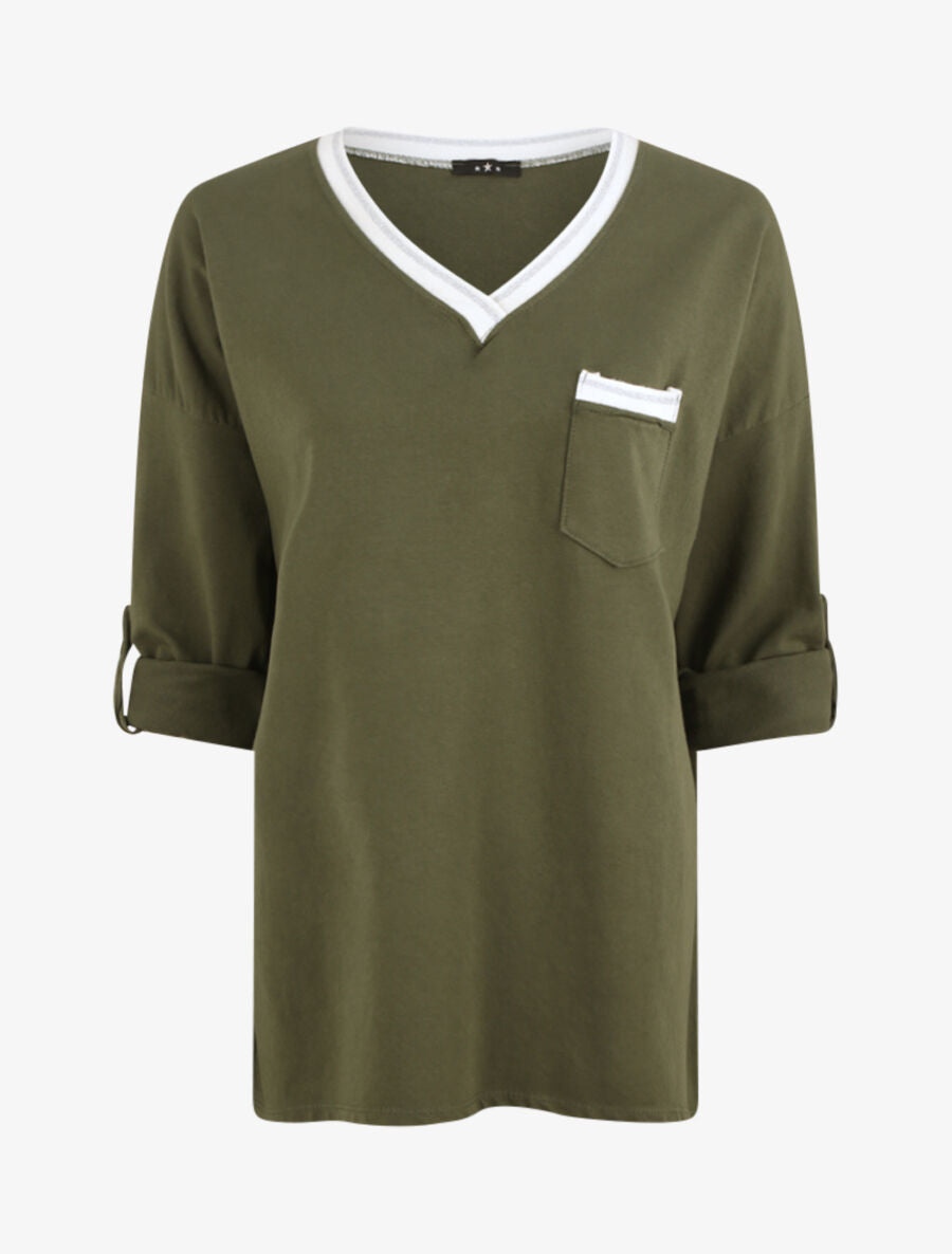 Sweat oversize col V irisé - Kaki - 1