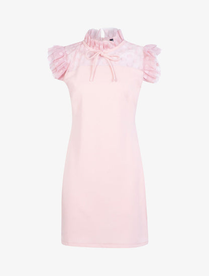 Robe à détails tulle ajourée à pois - Rose - 1