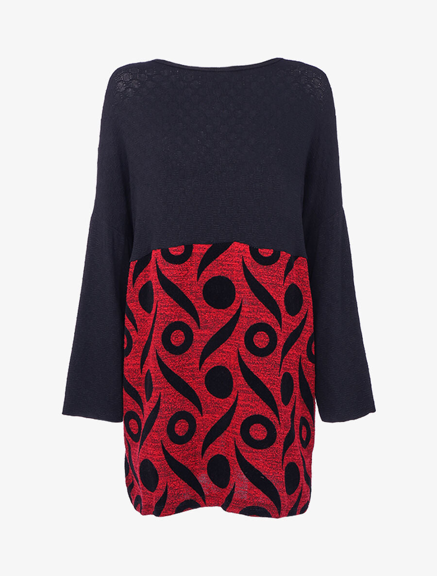 Pull style tunique à flocages stylisés - Noir/rouge - 2