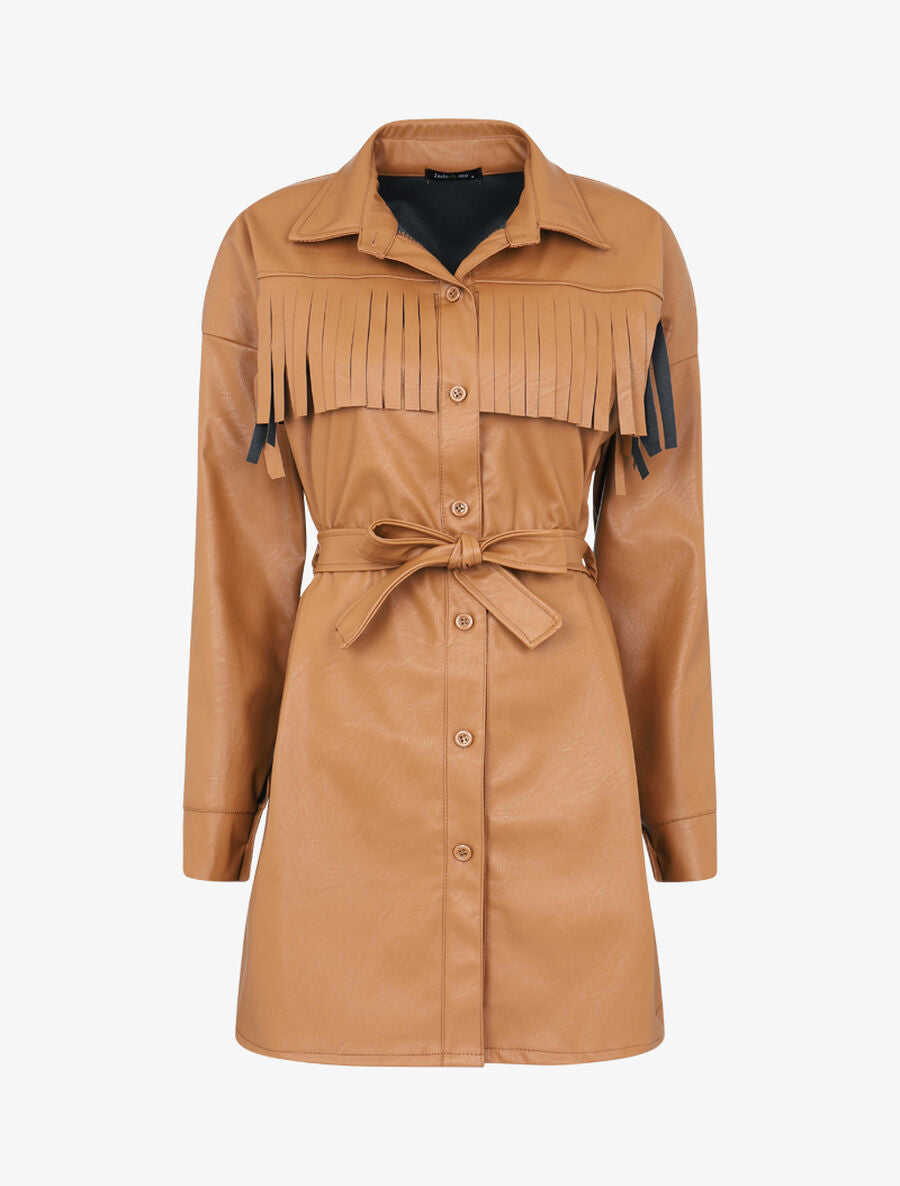 Chemise longue en simili à franges - Camel - 1