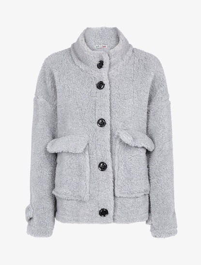 Manteau duveteux à boutons - Gris clair - 1