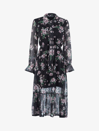 Robe longue fleurie en voile - Noir - 1