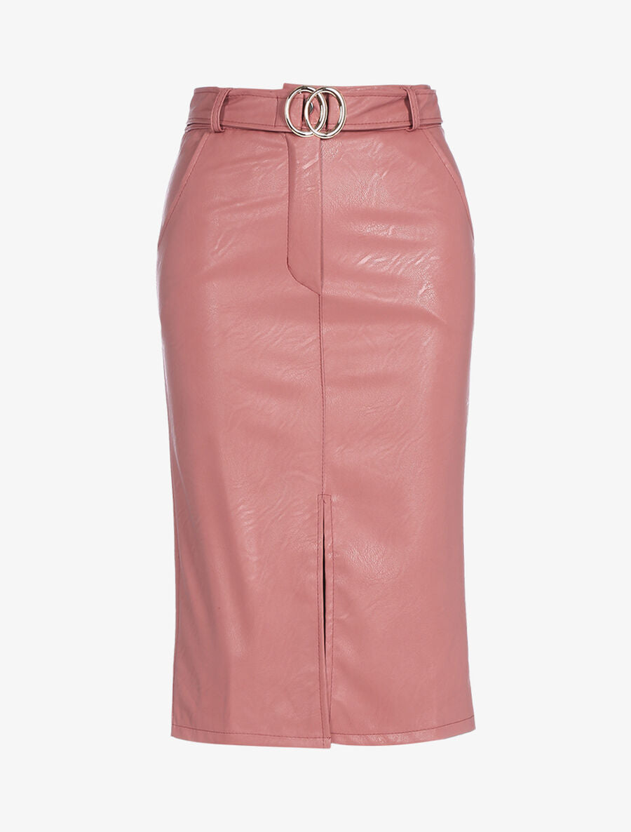 Jupe fourreau midi en simili - Rose - 1
