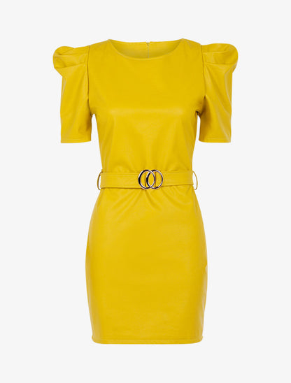 Robe en simili à manches gigot - Jaune - 1