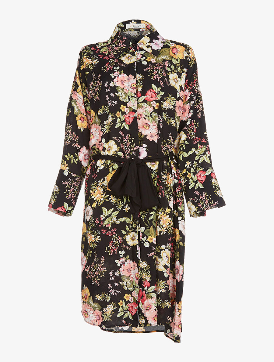 Robe chemise longue imprimée - Noir - 1