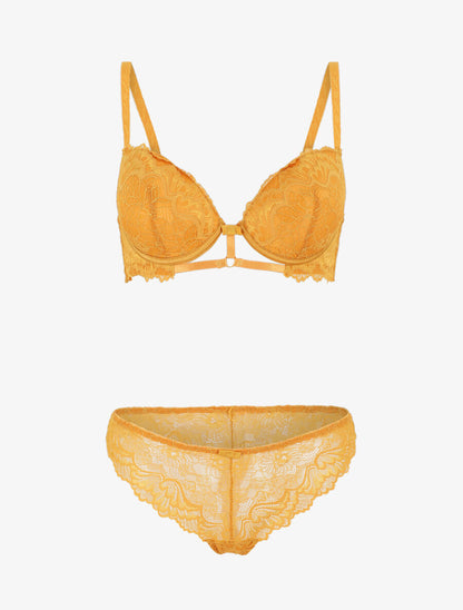 Ensemble soutien-gorge push up et shorty en dentelle - Moutarde - 4