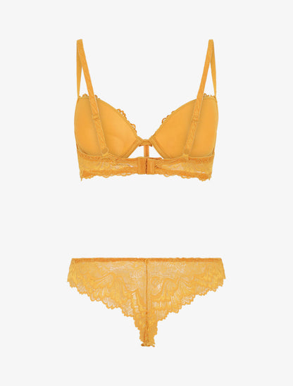 Ensemble soutien-gorge push up et shorty en dentelle - Moutarde - 2
