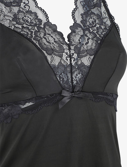 Robe nuisette à col en dentelle - Noir - 3