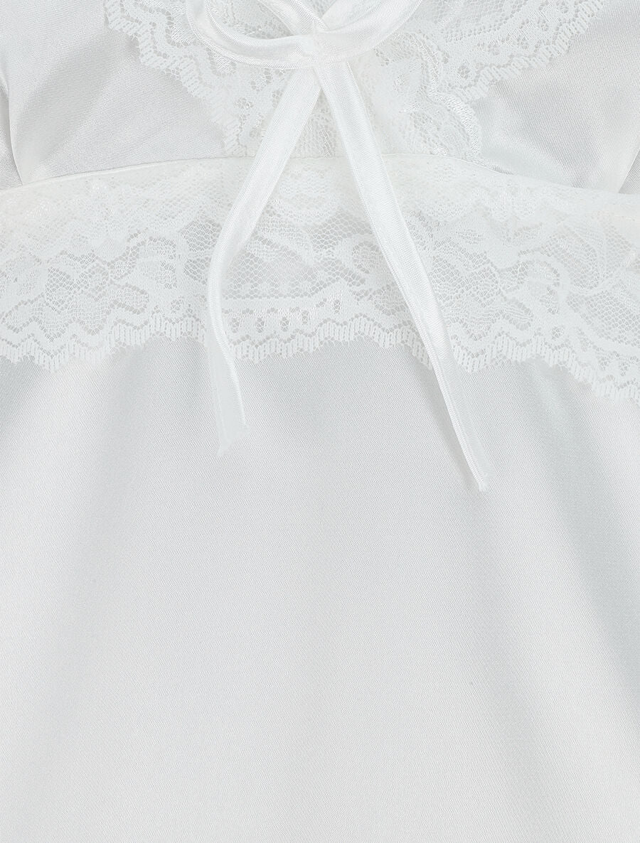 Nuisette unie à dentelle effet satiné - Blanc - 3