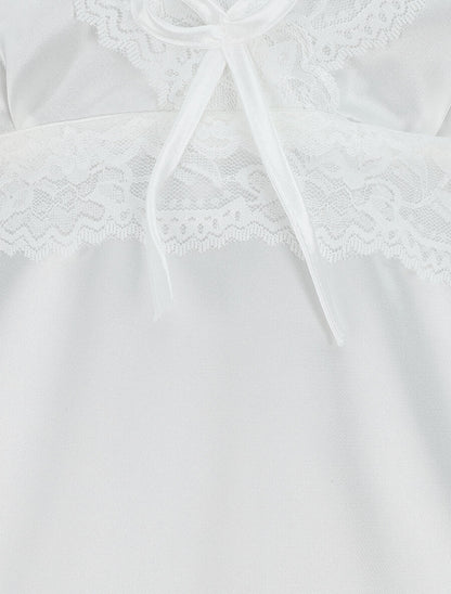 Nuisette unie à dentelle effet satiné - Blanc - 3