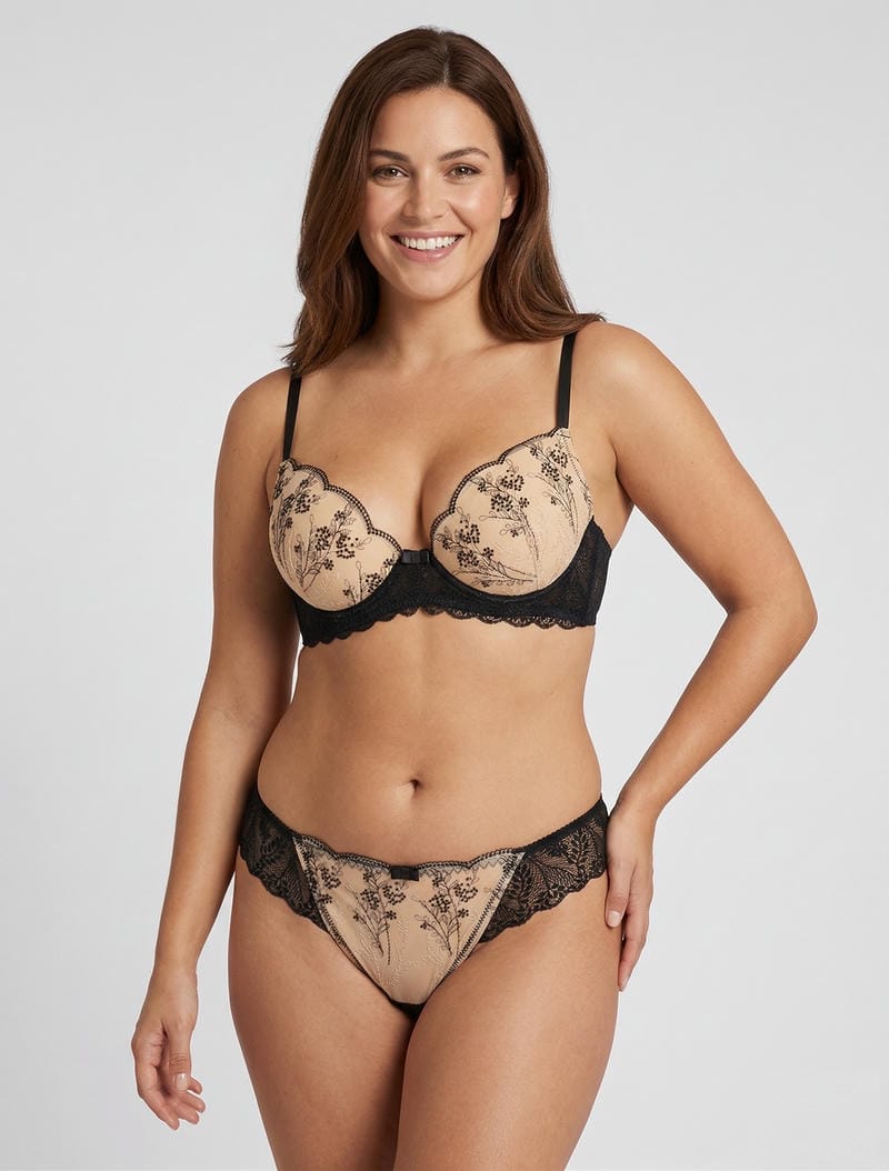 Büstenhalter- und String-Set aus irisierender Spitze - Schwarz/Beige