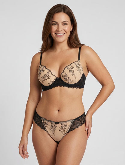 Büstenhalter- und String-Set aus irisierender Spitze - Schwarz/Beige