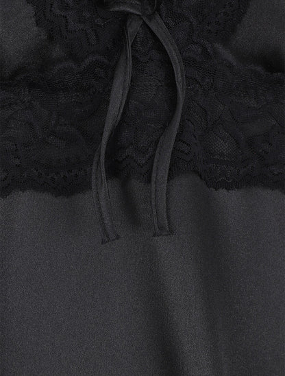 Nuisette unie à dentelle effet satiné - Noir - 3