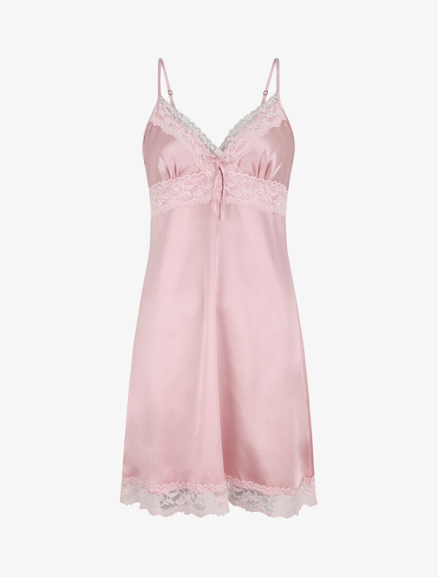 Nuisette unie à dentelle effet satiné - Rose - 1