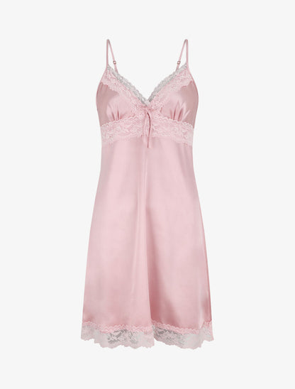 Nuisette unie à dentelle effet satiné - Rose - 1