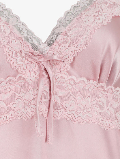 Nuisette unie à dentelle effet satiné - Rose - 3