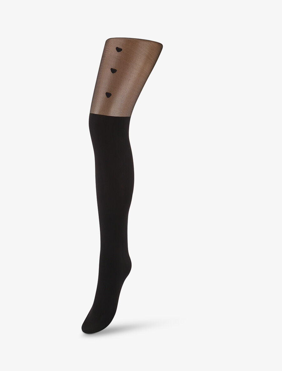 Collants en voile style bas à imprimé coeurs - Noir - 1