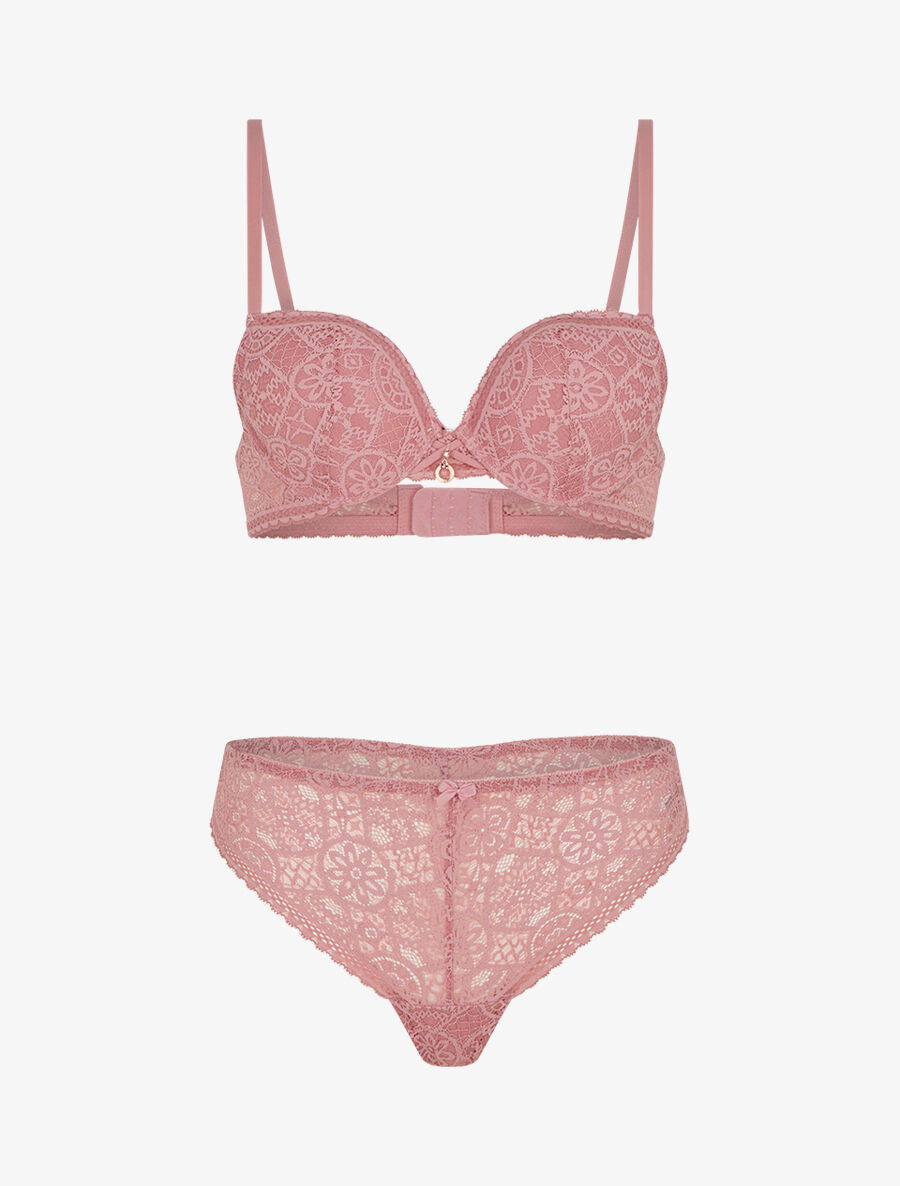 Ensemble soutien-gorge et tanga ajouré et bijoux strassé - Vieux rose - 3