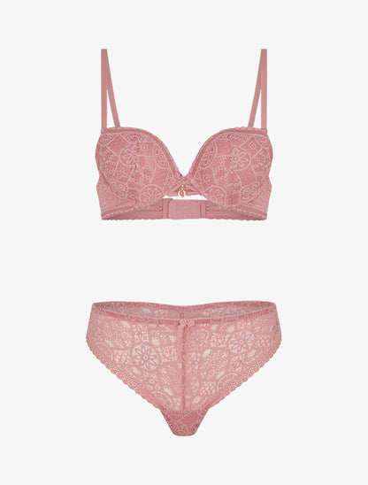 Ensemble soutien-gorge et tanga ajouré et bijoux strassé - Vieux rose - 3