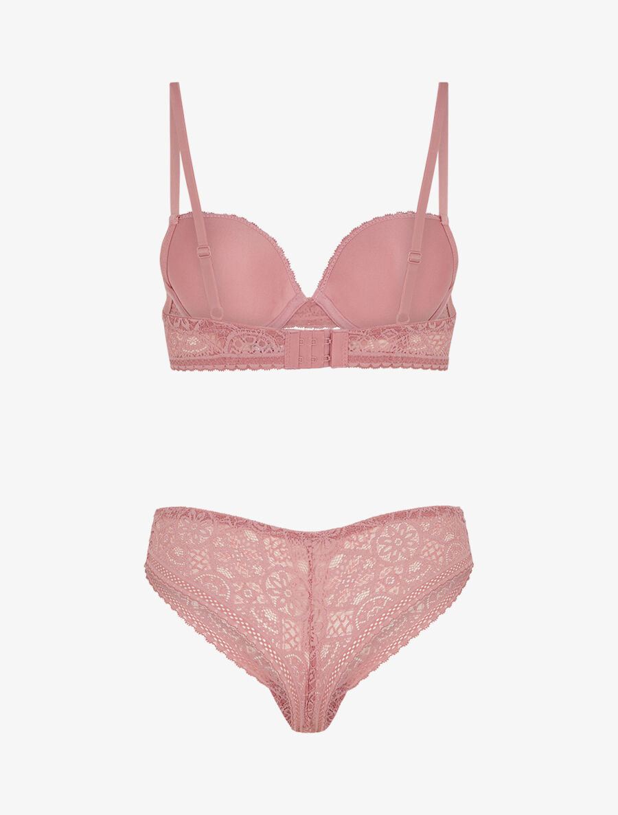 Ensemble soutien-gorge et tanga ajouré et bijoux strassé - Vieux rose - 2