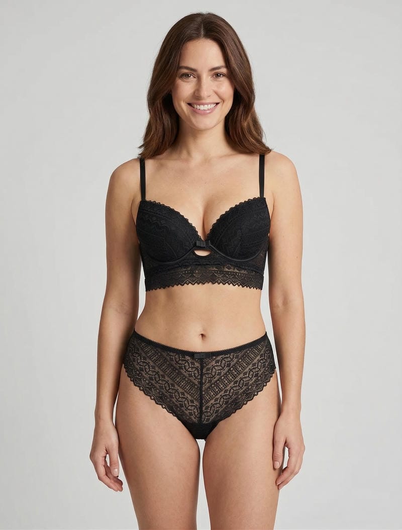 Bügel-BH-Set mit Schleifen und durchbrochenem Spitzen-Tanga - Schwarz