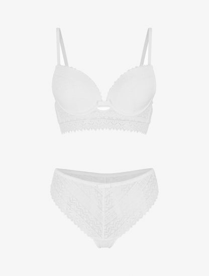 Ensemble soutien-gorge avec nœuds et tanga ajouré en dentelle - Blanc - 1