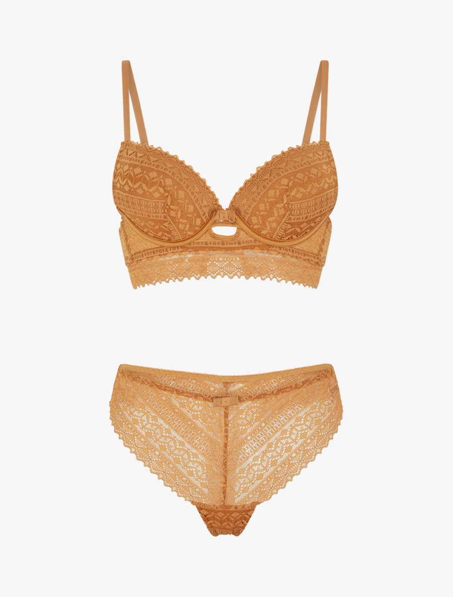 Ensemble soutien-gorge avec nœuds et tanga ajouré en dentelle - Camel - 1
