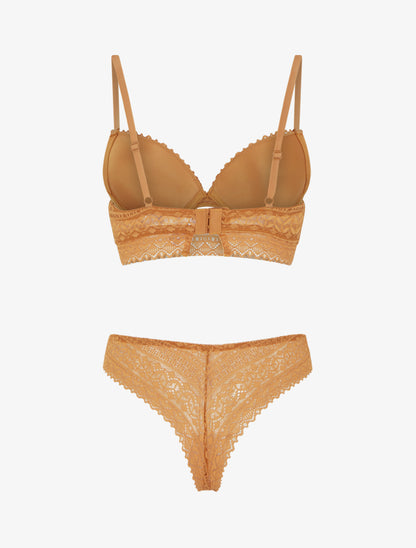 Ensemble soutien-gorge avec nœuds et tanga ajouré en dentelle - Camel - 2