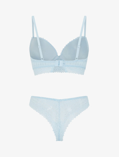 Ensemble soutien-gorge avec nœuds et tanga ajouré en dentelle - Bleu ciel - 2