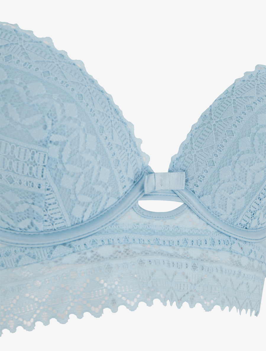 Ensemble soutien-gorge avec nœuds et tanga ajouré en dentelle - Bleu ciel - 3