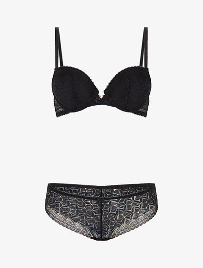 Ensemble soutien-gorge et culotte ajouré et bijou - Noir - 1