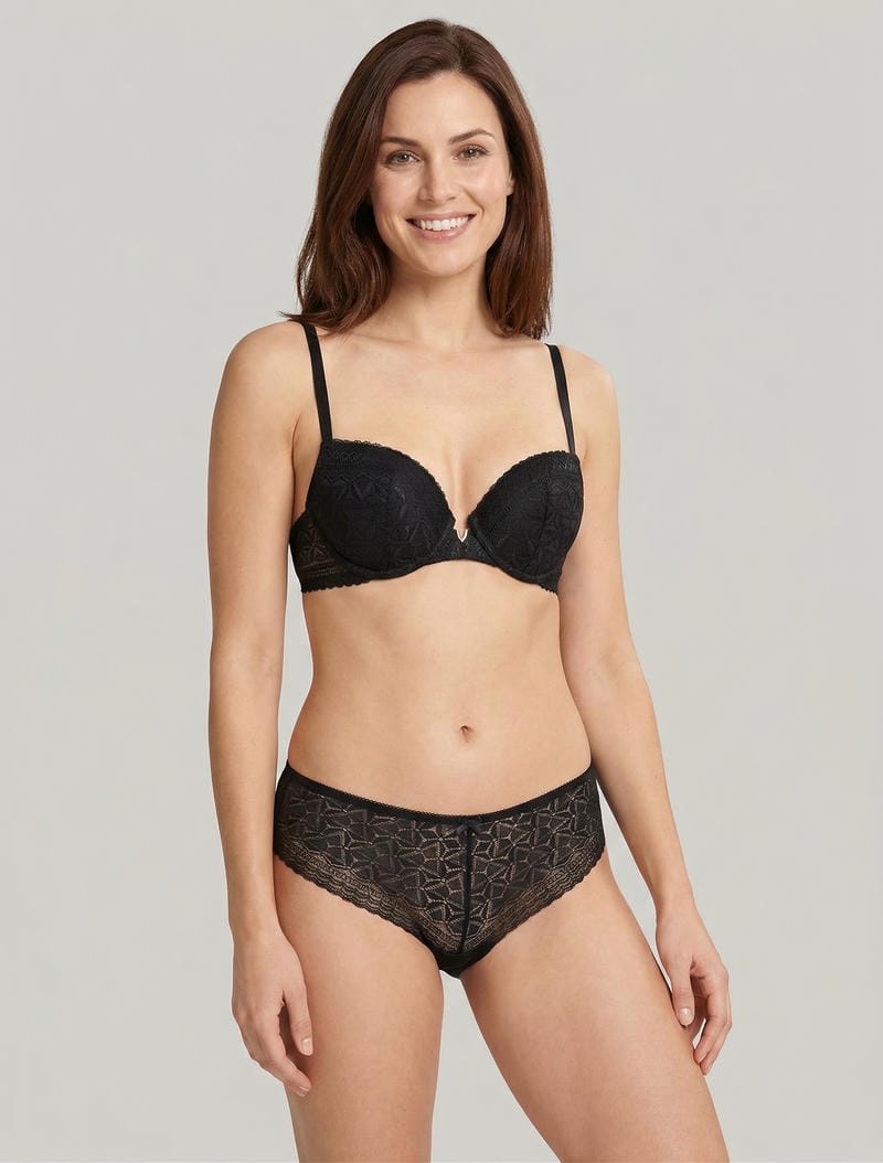 Büstenhalter- und Slip-Set mit Aussparungen und Schmuck. - Schwarz