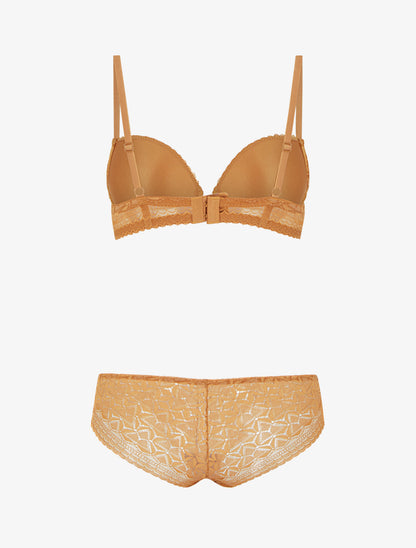 Ensemble soutien-gorge et culotte ajouré et bijou - Camel - 2