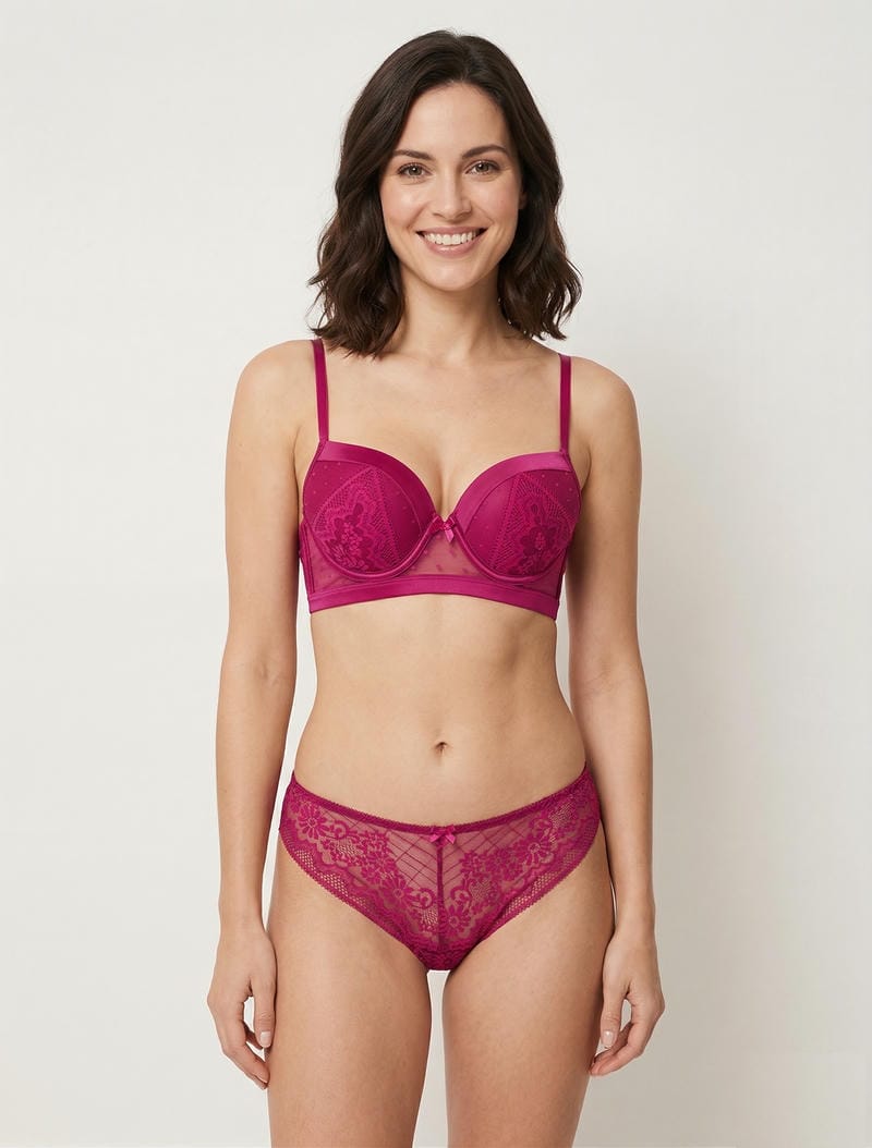 Bügel-BH und String-Set mit Satindetails und Cut-Outs - Fuchsia