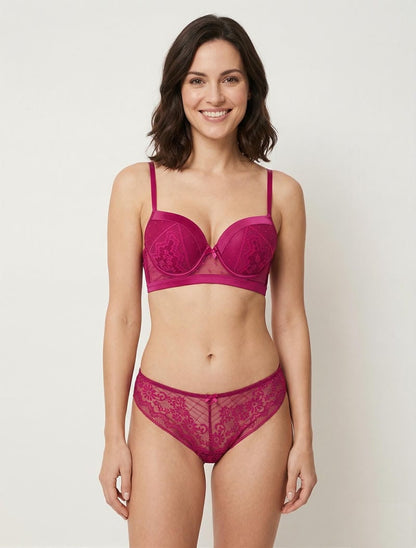 Bügel-BH und String-Set mit Satindetails und Cut-Outs - Fuchsia